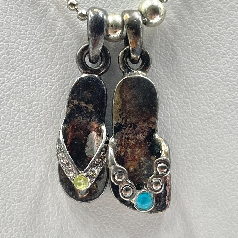 Vintage Y2K Silver Tone Flip Flop Sandal Pendant Ball Chain Necklace Fashion